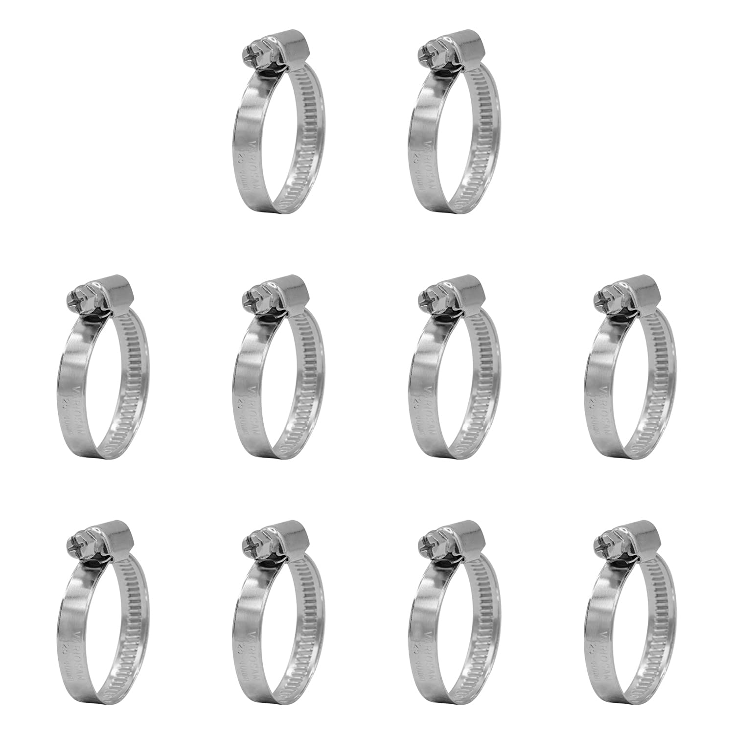 VARIOSAN Clamp 13644, Set of 10 - Stainless Steel Hose Clamps (W4), Clamping Range 25-40 mm, Strap Width 9 mm, DIN 3017, Phillips Screw, Worm Drive