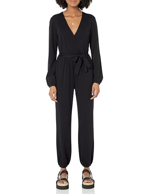 Amazon Essentials Women's Knit Surplice Jumpsuit (Available in Plus Size), Black, Large