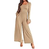 KIRUNDO Long Sleeve Jumpsuit for Women 2026 Spring Outfits Summer One Piece Square Neck Wide Leg Pants Romper With Pockets