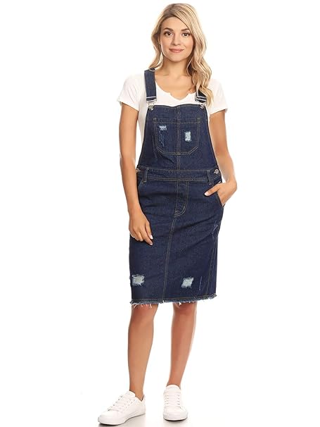 Fashionbella Damen Blau Denim Knielang Tasche Knopf Kratzen Verstellbar Träger Jeans Rock Kleid Latzkleid