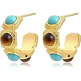 Watforsh Small 14K Gold Plated Boho Hoop Turquoise and Tiger Eye Earrings for Women Western Vintage Stone Stud Earrings December Birthstone Cowgirl Jewelry