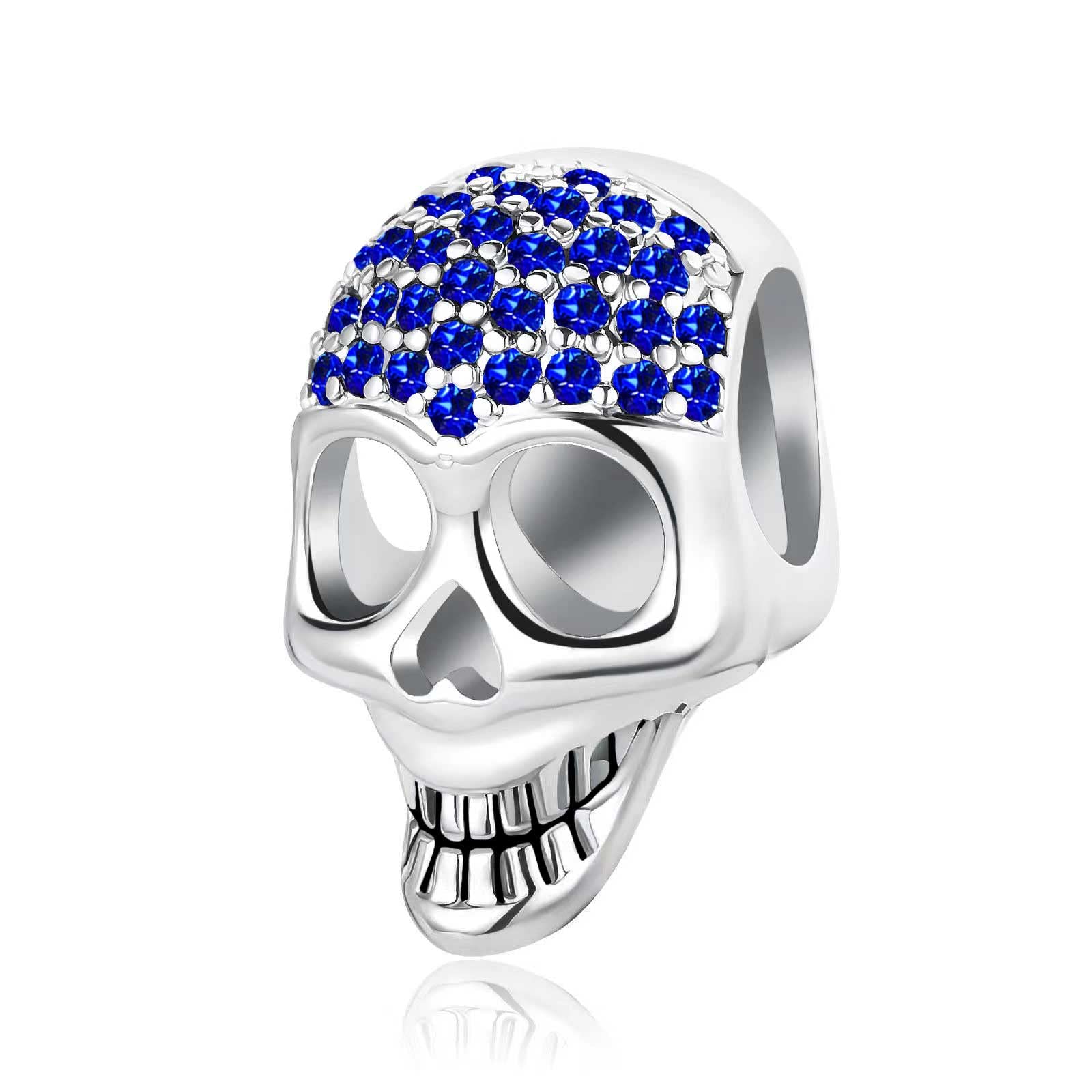 Sparkling September Blue Birthstone Skull Charms fit Pandora Charm Moments Bracelet Birthday Halloween Jewellery Gift for Women Daughter Sister Granddaughter