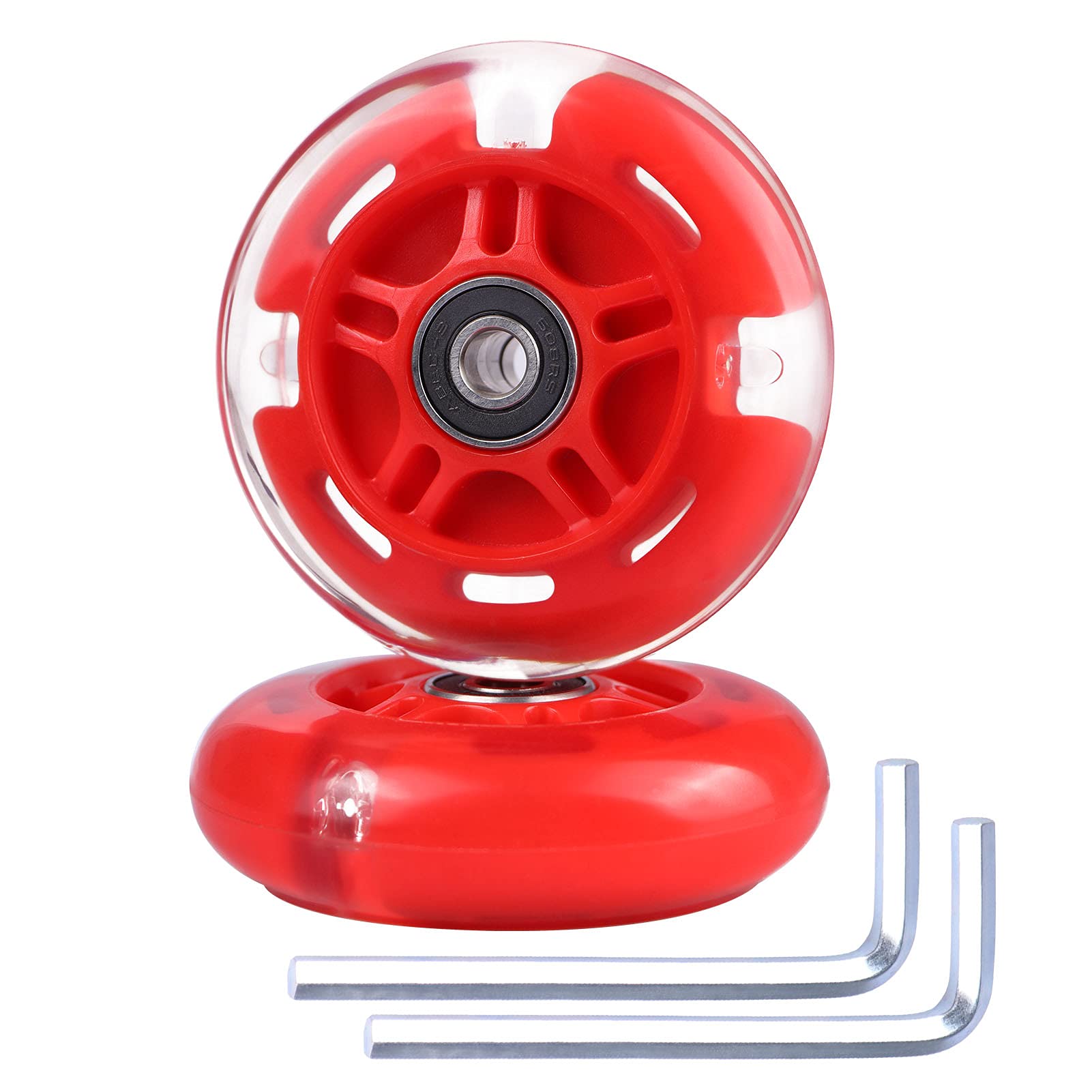 2-Pack 80mm 3-Wheeled Scooter Rear Wheels Light Up Inline Skate Replacement Wheels w/Bearings (Red)