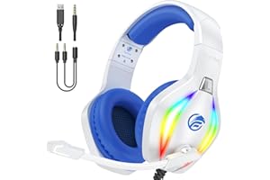 Fachixy FC100 Gaming Headset with Microphone for PS4, PS5, Switch, Xbox, Mac, PC Gaming Headphones with Mic, Gamer Headset with RGB Light - White-Blue