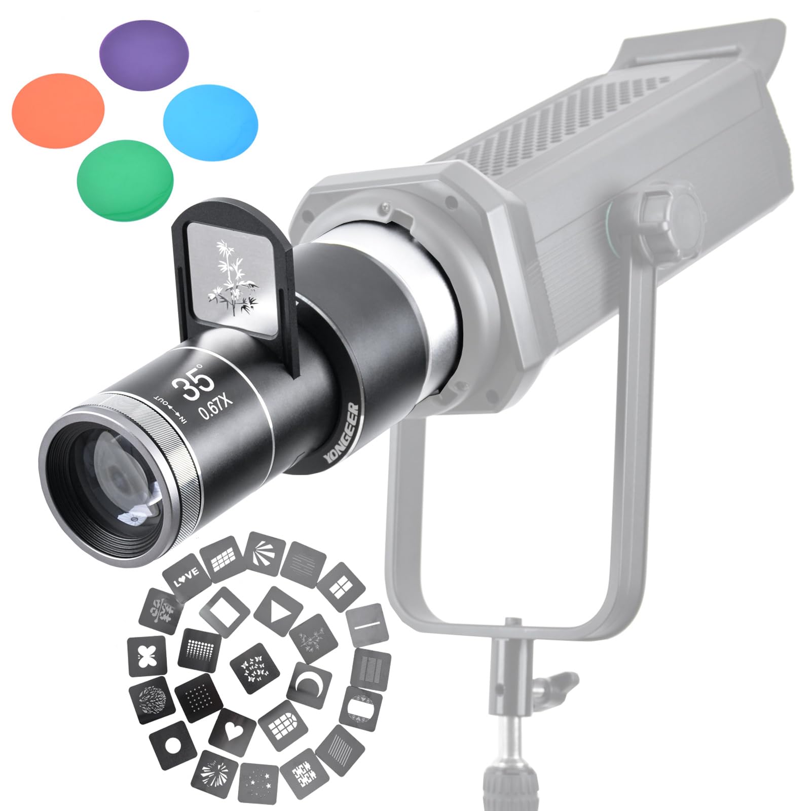Photo 1 of Optical Snoot for Bowens Mount Photography,Conical Projector Attachment Spotlight for Monolight Portraits Compatible with Aputure Amaran 60D/XS/100X/D 200D/GODOX SL60,with 4 Color Filters and 25 Gobos