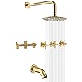 SUMERAIN 3 Handle Tub Shower Faucet Set with Waterfall Tub Spout and 3-Cross Handles, Wall Mounted Rainfall Bathtub Shower Faucet Brushed Gold