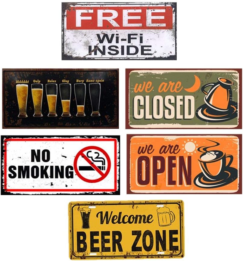 Easy Painter Coffee Metal Signs Wall Decor Metal Poster Free WiFi Vintage Tin Signs Beer Zone We are Open for Bar Pub Cafe Decoration Art Plaque 6pcsx6x12