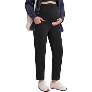 G4Free EverGoing Maternity Work Pants Tapered Ankle Pregnancy Trousers | with Pockets, Vertical Front Seam, Over the Belly, S