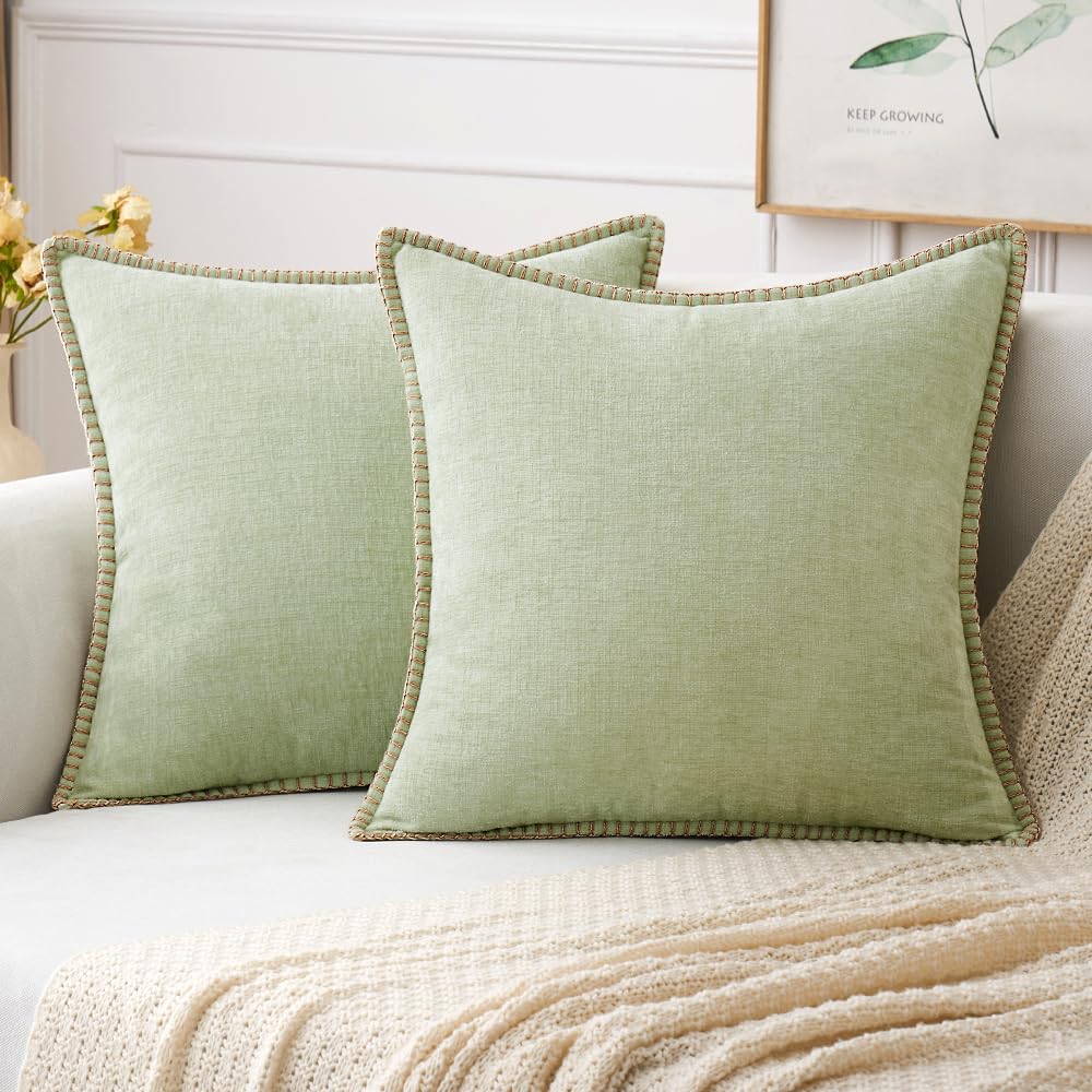 MIULEE Pack of 2 Couch Throw Pillow Covers 24x24 Inch Light Green Farmhouse Decorative Pillow Covers with Stitched Edge Soft Chenille Solid Dyed Spring Pillow Covers for Sofa Bed Living Room Image