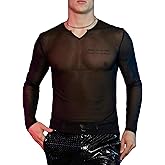 WDIRARA Men's Mesh See Through Tee Notched V Neck Long Sleeve Slim Fit Concert Rave T-Shirt Tops
