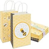 BLUE PANDA Bumble Bee Party Paper Gift Bags - 5.3 x 9 x 3.1 In, 24 Pack, Yellow - Gift Bags with Handles for Bee Party & Baby Shower Favors - Kraft Paper Honeycomb Floral Design