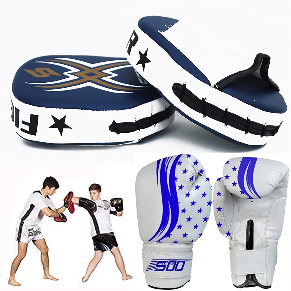 Leather Boxing Gloves and Focus Pads Set for Kids, Hook and Jab Training Pads, Curved Focus Mitts for MMA, Muay Thai, Kickboxing Coaching, Martial Arts & Punching Hand Target Striking Shield (Blue)