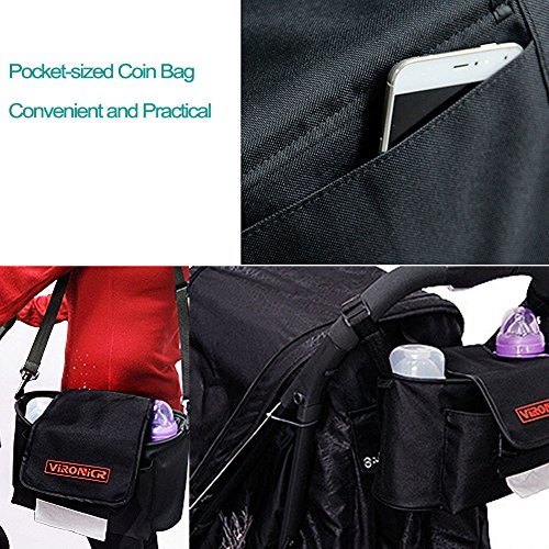 Baby Jogger Stroller Organizer with Shoulder Strap,Diaper Bag with Cup Holders and Shoulder Strap,Fits All Strollers,Premium Deep Cup Holders,Large Storage Space for iPhones,Wallets,Diapers-Black