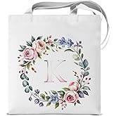 KSFFWQIN Initial K Canvas Tote Bag for Women Girls Floral K Letter Personalized Reusable Grocery Shoulder Bag for Shopping Beach Travel Work, Monogrammed Gifts Stylish Totes