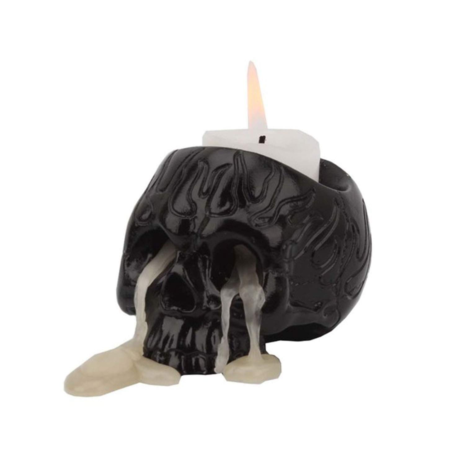 Skull Candle Holder with Fire Pattern Halloween Home Party Decoration Resin Candle Base