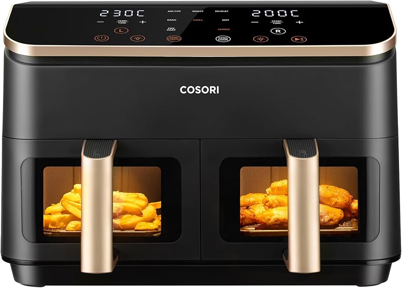 Friggitrice ad Aria Doppio Cestello 8,5 Litri, Con Finestra, Oro