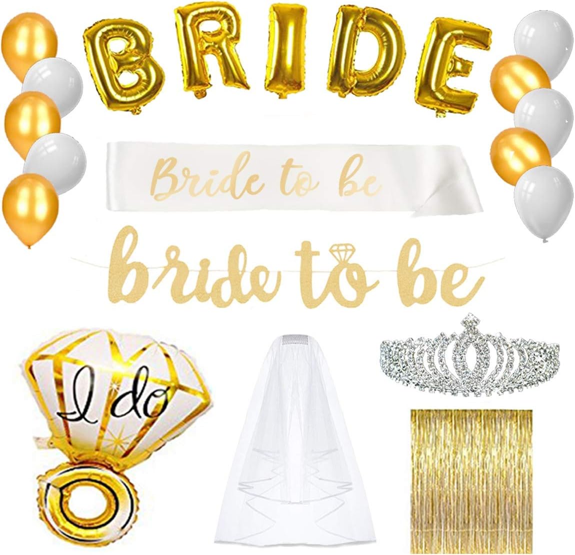 Bachelorette Party Decorations & Supplies - Gold Bridal Shower Favors Kit (Engagement Accessories & Decor Pack - Bride Banner, Sash, Balloons, Veil, Foil Fringe Curtain, Rhinestone Tiara)