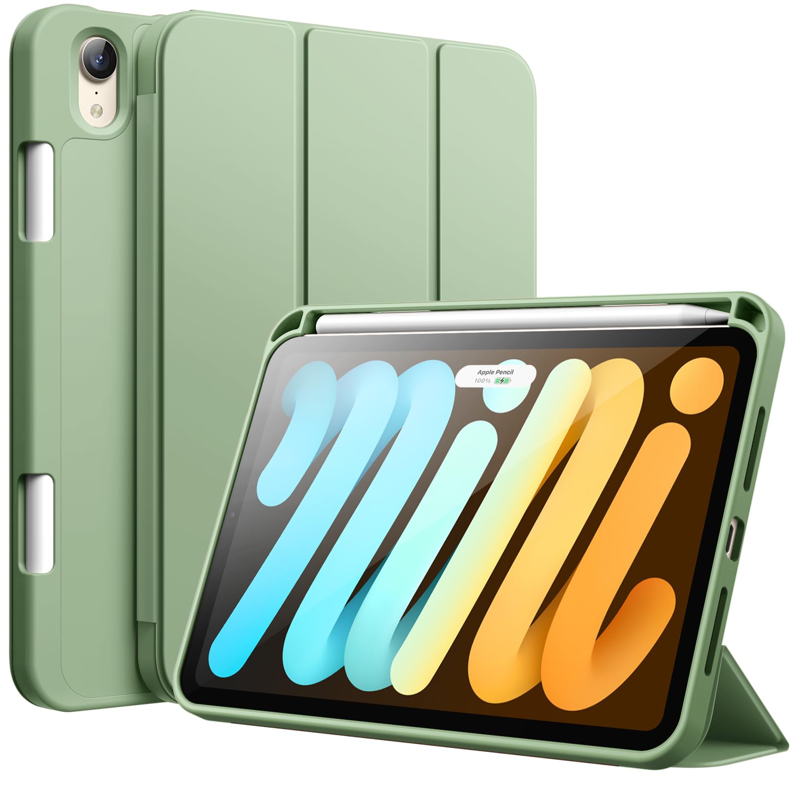 JETech Case for iPad mini (A17 Pro, 2024 Model, 7th Generation) / mini 6 (2021 Model, 6th Generation), Slim Tablet Cover with Soft TPU Back, Auto Wake/Sleep (Matcha Green)