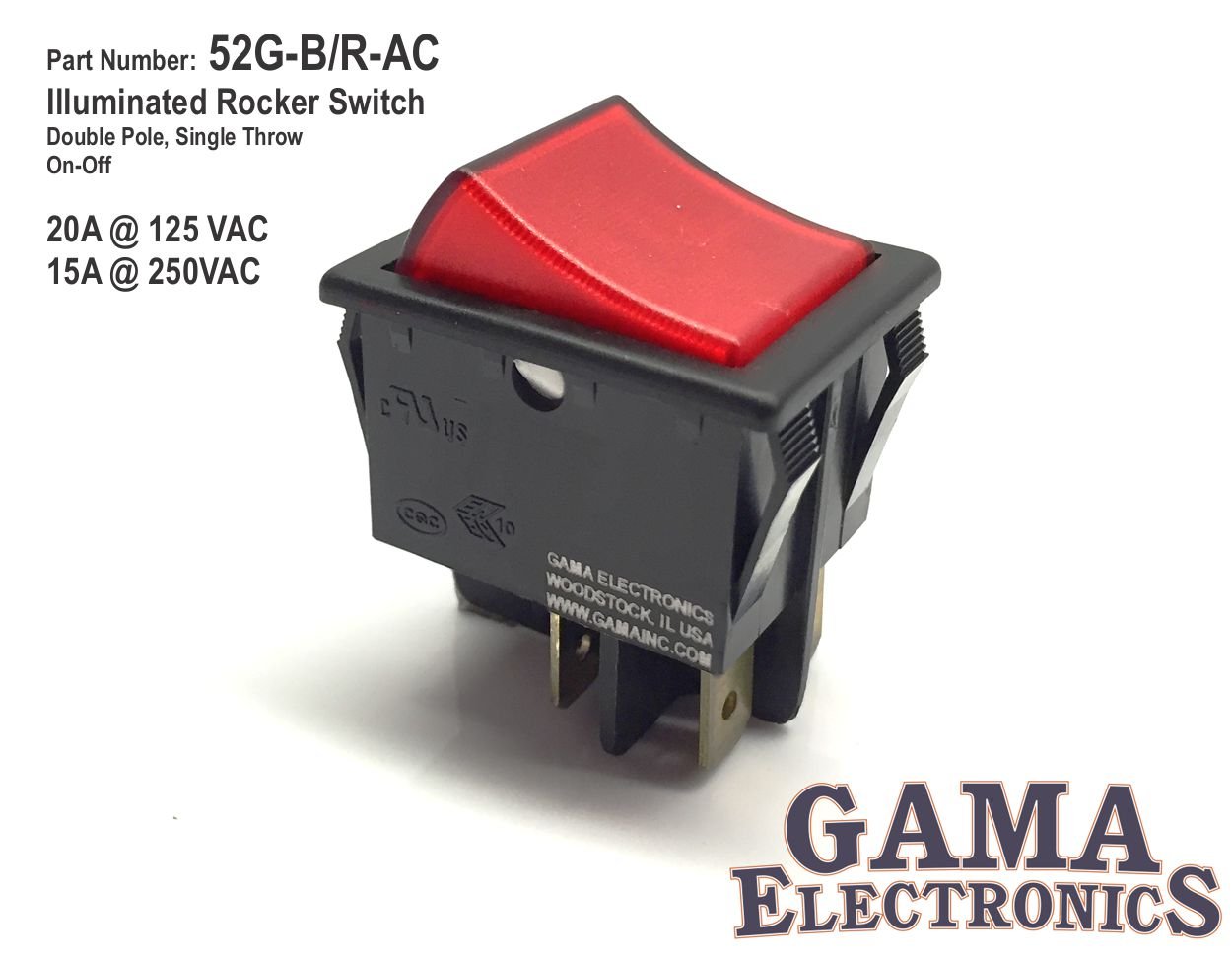 GAMA Electronics 20 Amp Double Pole On-Off Illuminated Rocker Switch 120/240VAC DPST
