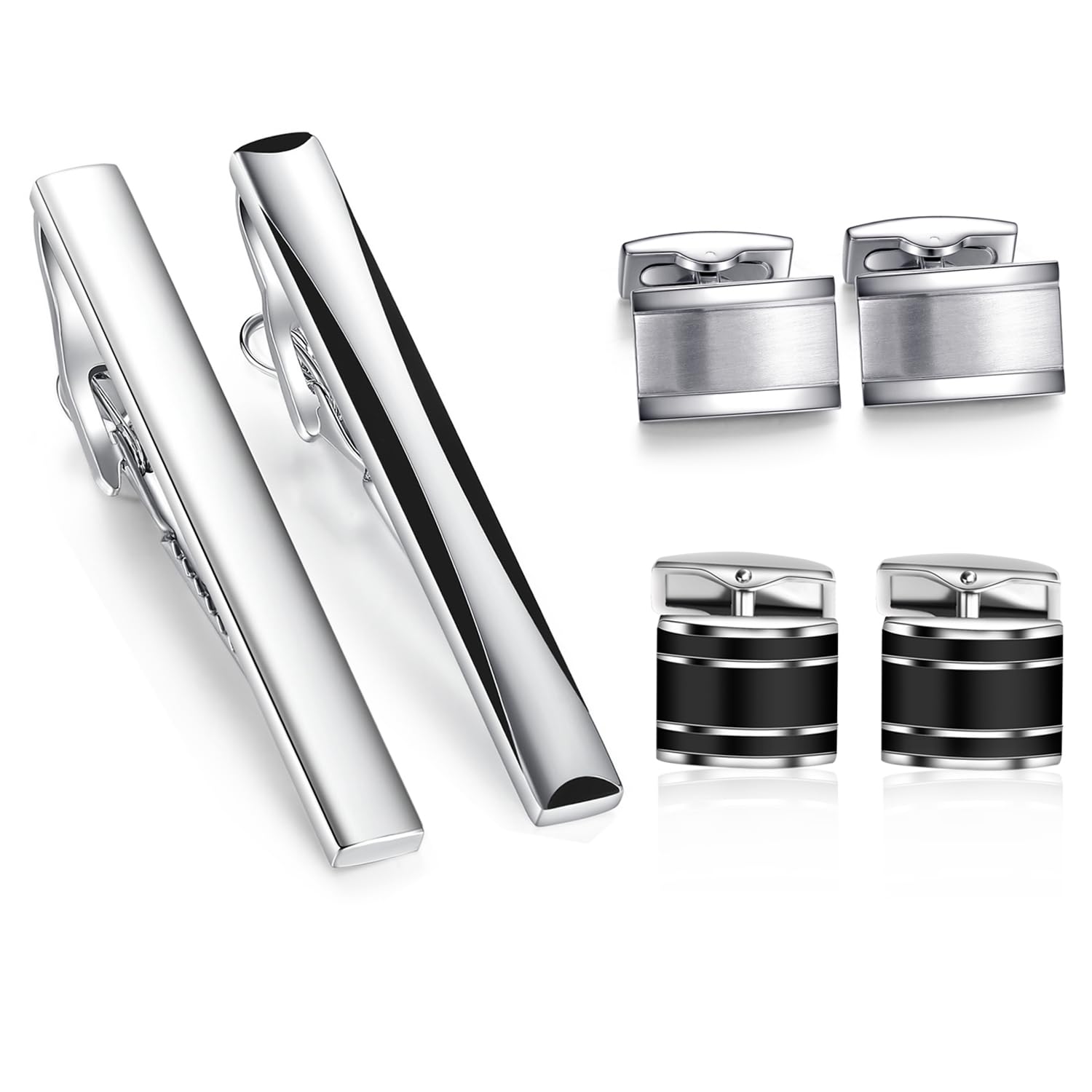 HONEY BEAR Cufflinks Tie Clip Set For Mens - Rectangle for Business Wedding Gift,Silver Black (with box)