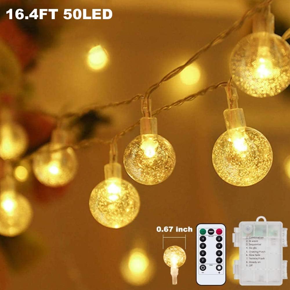 Globe String Lights Fairy Lights Battery Operated 16.4ft 50LED String Lights with Remote Waterproof Indoor Outdoor Hanging Lights Decorative Christmas Lights for Home Party Patio Garden Wedding Metaku