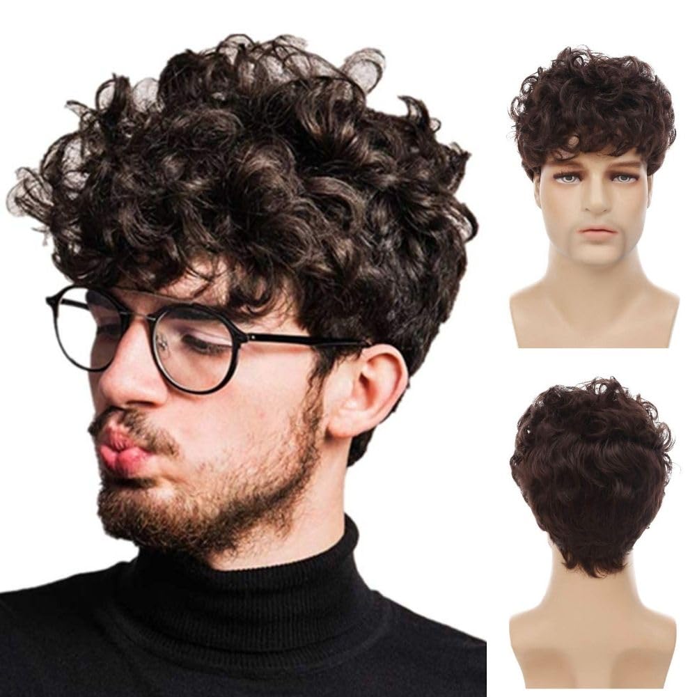 Siudus Mens Brown Curly Short Wig Natural Looking Fluffy Male Hair Wigs Heat Resistant Fiber Daily Wig — image 1