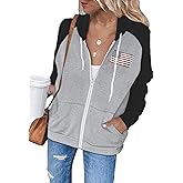 Dressmine Womens Zip Up Hoodie Oversized Usa Sweatshirt Pattern Long Sleeve American Flag Jacket Casual Patriotic Hoodies