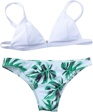 white swimsuit with green leaves