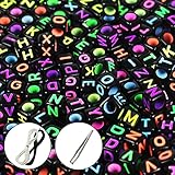 JPSOR 600 Pcs Letter Beads with 1 Pair of Tweezers 2 Cord Black Alphabet Beads Mixed Color Alphabet A-Z Cube Beads for Jewelry Making DIY Bracelets (Black Beads with Colorful Letters)