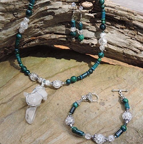 Handmade Jewelry Set - Crystal Quartz Pendant & Assorted Green Azurite Necklace, Bracelet & Earrings