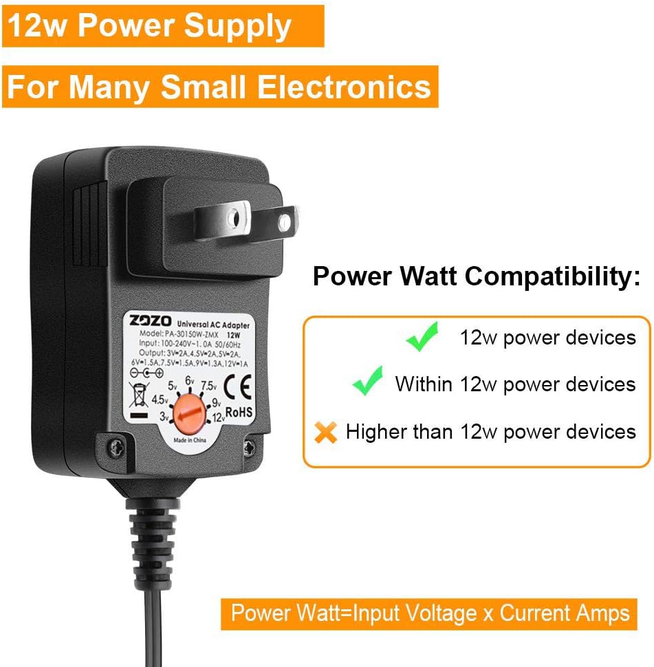 Universal AC Adapter, ZOZO 12W 3V 4.5V 5V 6V 7.5V 9V 12V Regulated Multi Voltage Switching Replacement Power Supply for Household Electronics Routers Speakers CCTV Cameras Smart Phone USB: Camera & Photo