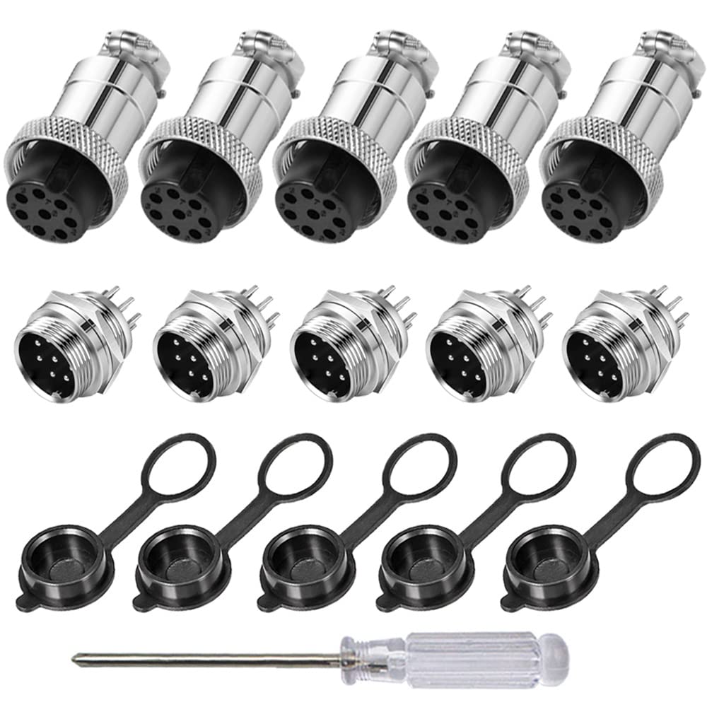 Aiqeer 5 Pcs 8-Pin GX16 Aviation Connector, 16 mm Thread Panel Metal Aviation Cable Connector, 5A Male Female Aviation Connector Plug Socket Kit, with Rubber Cap and Phillips Screwdriver