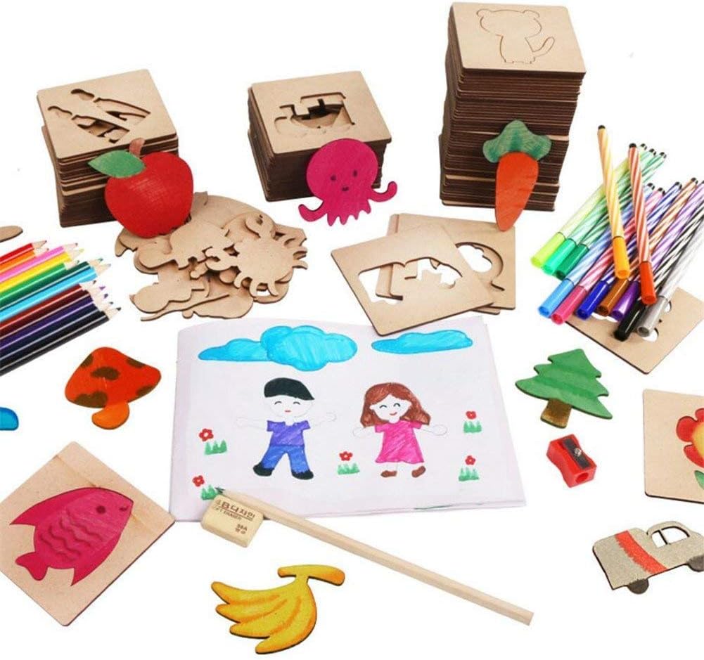 Laconile 50 Pieces Wooden Drawing Stencils and Templates Set for Kids, Journal Stencils Planner Includes Animal Fruit Plant Shapes, Ideal Educational Toy and Gift for Boys and Girls