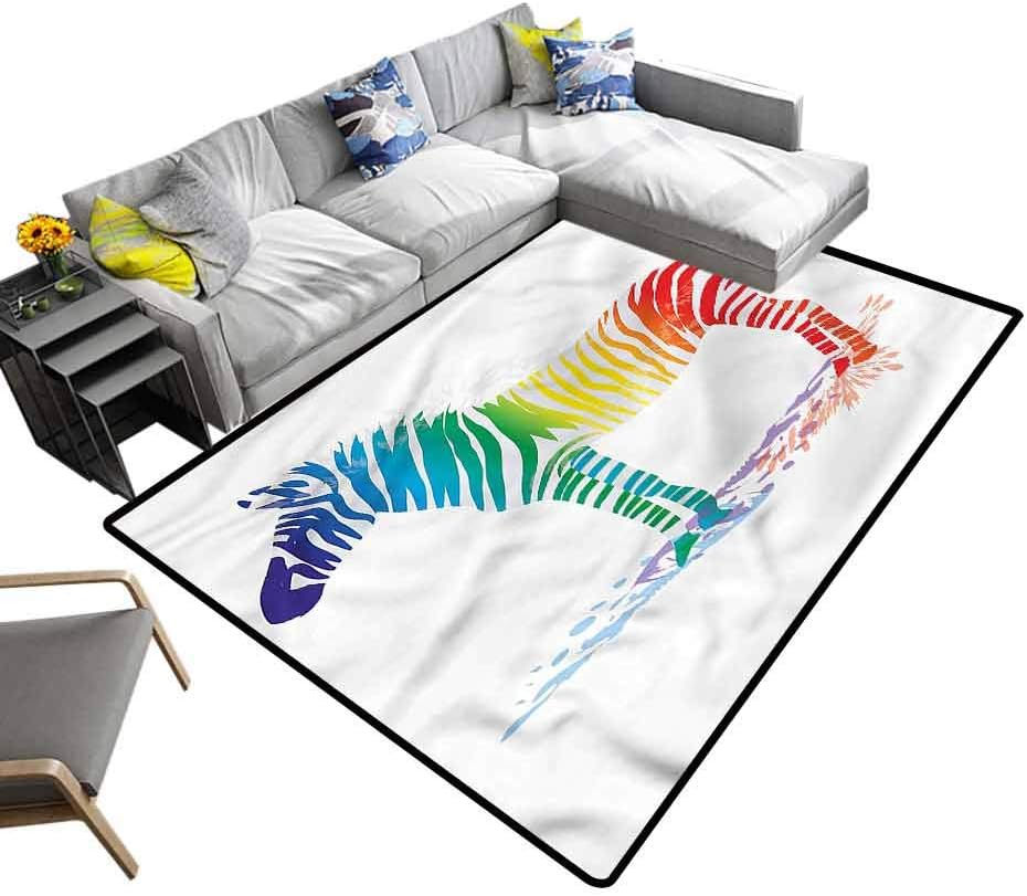 Funny, Rug Pad Zebra Rainbow Colors Contemporary Floor Rug for Home, Bed, Living Room, 7'x 7'