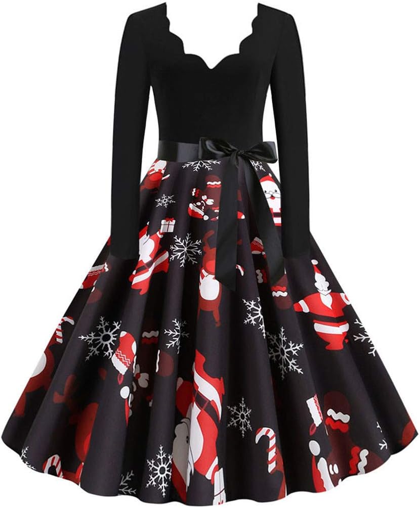 AOGOTO Women Christmas Dresses Long Sleeve V Neck Vintage Santa A Line Party Evening Dress