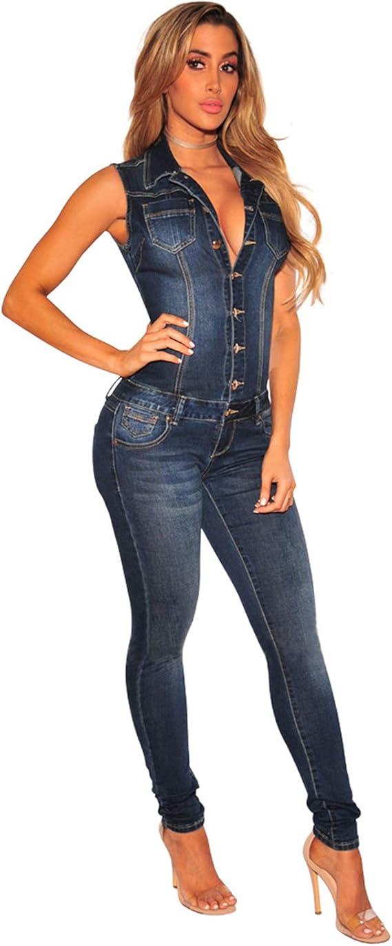 Damen Denim Jumpsuit, Bequeme Ärmellose Playsuit Buttons Jumpsuit Damen Slimfit Stretch Stylish