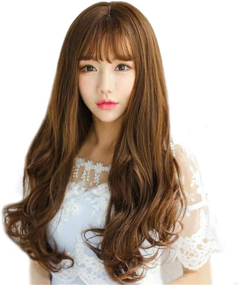 RemeeHi Synthetic Wigs with Air Bangs Neat Fringe Big Wave Long Curly Women's Full Wigs Honey Brown, 24 inch