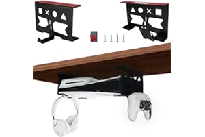 Chanvoo Aluminum Under Desk Mount for PS5/PS5 Slim/ PS5 Pro Digital & Disc, Securing Under Desk Bracket with Detachable Controller & Headphone Holder Kit No Drill (Black)