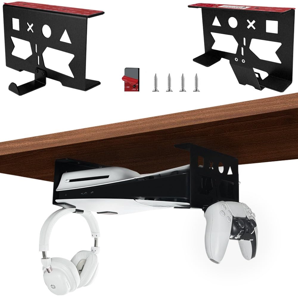 Chanvoo Aluminum Under Desk Mount for PS5/PS5 Slim/ PS5 Pro Digital & Disc, Securing Under Desk Bracket with Detachable Controller & Headphone Holder Kit No Drill (Black)