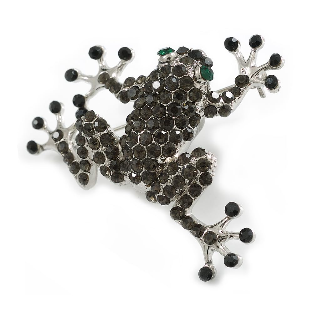 Dark Grey Austrian Crystal Leaping Frog Brooch In Burn Silver Tone - 50mm Length