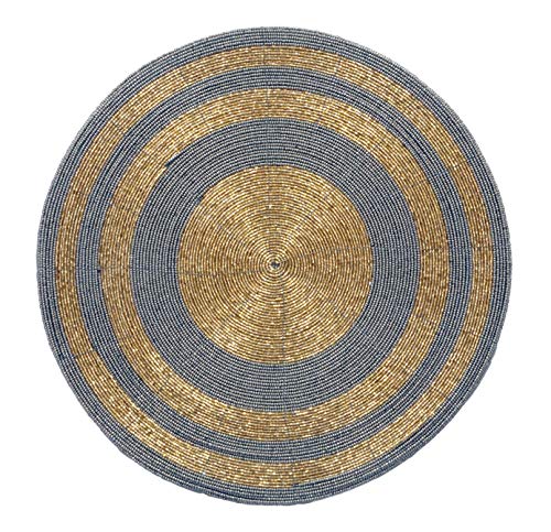 Decozen Handmade Round Beaded Placemat for Coffee Table Dining Table High Quality Beads Heat Resistant Scratch Proof and Easy to Care Kitchen Décor Table Mat with Diameter 14 inches - Gold/Smoke
