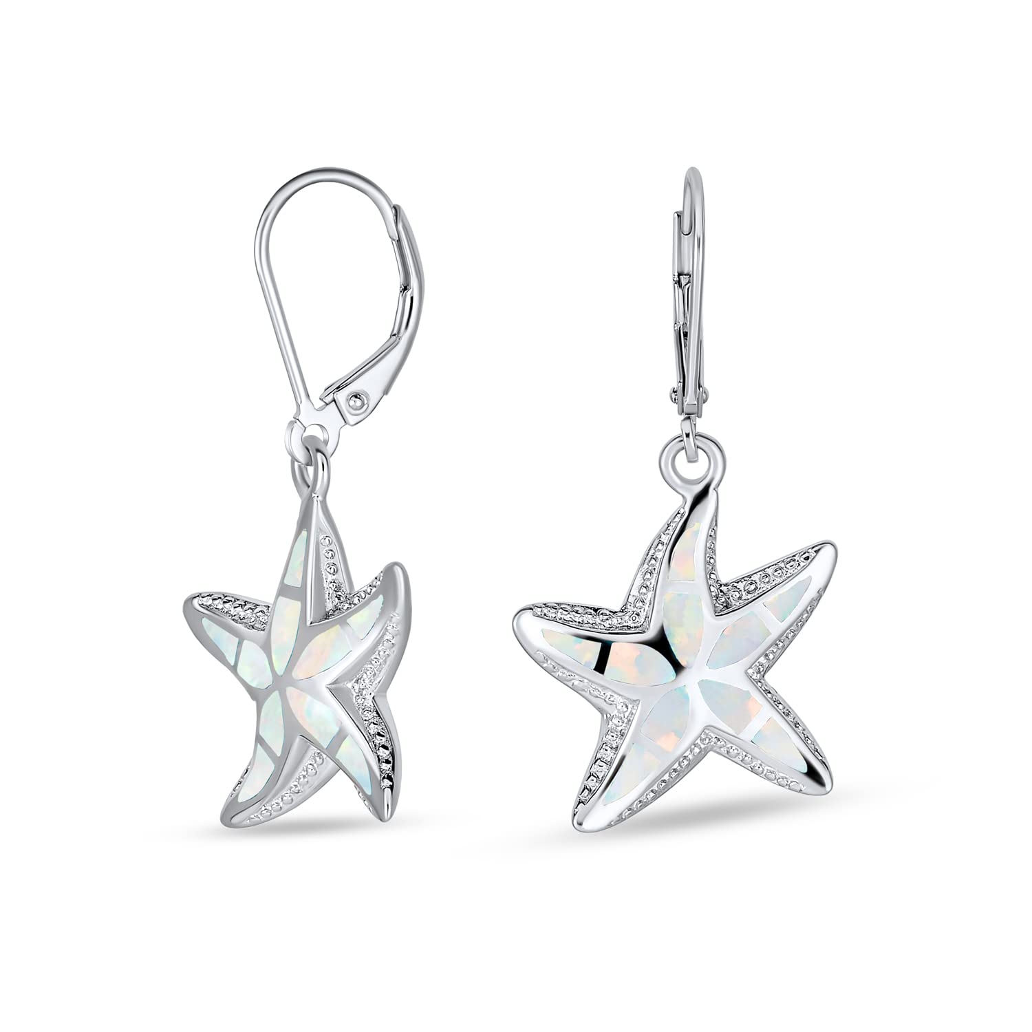 Iridescent White Created Opal Inlay Nautical Vacation Honeymoon Ocean Marine Life Starfish Dangle Drop Lever back Earrings For Women .925 Sterling Silver October Birthstone
