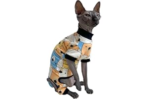 KITIPCOO Sphynx Cat Four Leg Cotton Pajamas Elastic Pet Clothes for Hairless Cat Surgery Recovery Suit Cat Undershirt Thermal Hairless Cat Clothes for Sphynx, Devon, Cornish (Colorful Bear, XL (9-12 lbs))