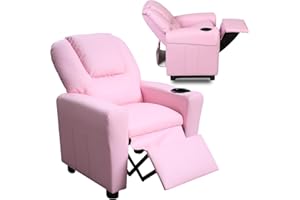 ANWICK Kids Recliner Chair w/ Cup Holder, Toddler Recliner Chair Ages 1-4, 2-in-1 PU Leather Single Sofa for Boys/Girls, Kids Lazy Boy Chairs, Upholstered Armchair, Adjustable Backrest & Footrest (Pink)