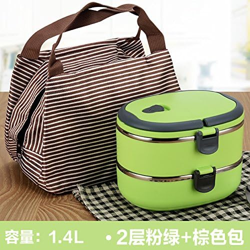 Luckyfree Stainless Steel Multifunctional Preservation Box Food Storage Container Lunch Box Food for Work Lunches Picnic Travel Camping Beach Stainless Steel, Pink Green - 2-Tier Oval + Brown Bag