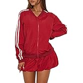 Women's 2 Piece Sets Causal Zipper Workout Jacket and Drawstring Bubble Skirt Skort Athletic Sweatsuits Outfits Sets
