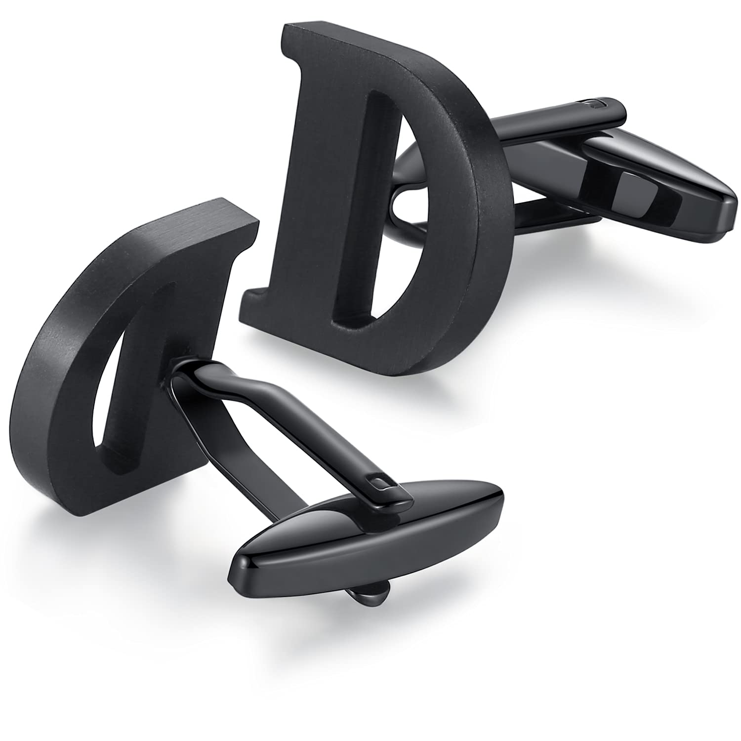 HONEY BEAR Mens Initial Alphabet Letter Cufflinks,Stainless Steel for Wedding Formal Business Gift (D-Black)