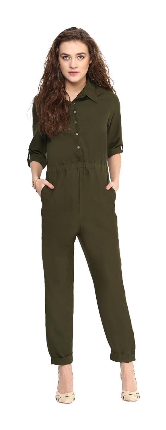 uptownie lite women's crepe roll up jumpsuit (green)