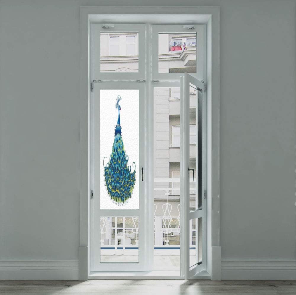 C COABALLA Frosted Window Film Stained Glass Window Film,Peacock Decor,Work Well in The Bathroom,Peacock Illustration Floral Classical Curvy Artful Design Tropics,24''x70''