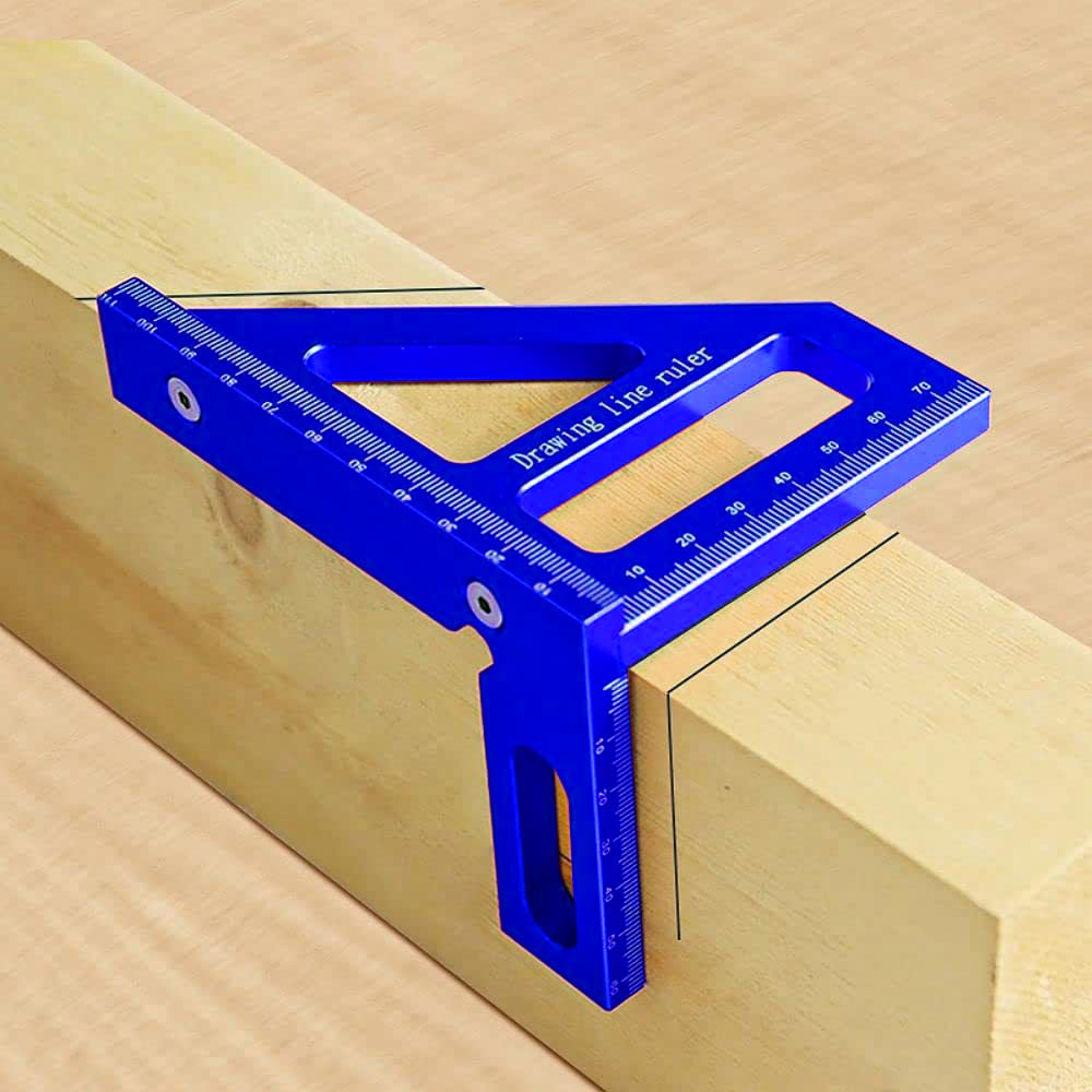 HEKOBAG 3D Multi Angle Measuring Ruler, 45/90 Degree Aluminum Alloy Woodworking Square Protractor, Miter Triangle Ruler High Precision Layout Measuring Tool Layout Scriber for Engineer (Blue)
